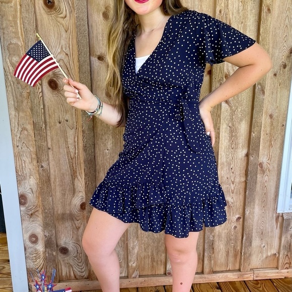 Navy Blue & White Polka Dot Wrap Dress Size Small - Picture 1 of 1